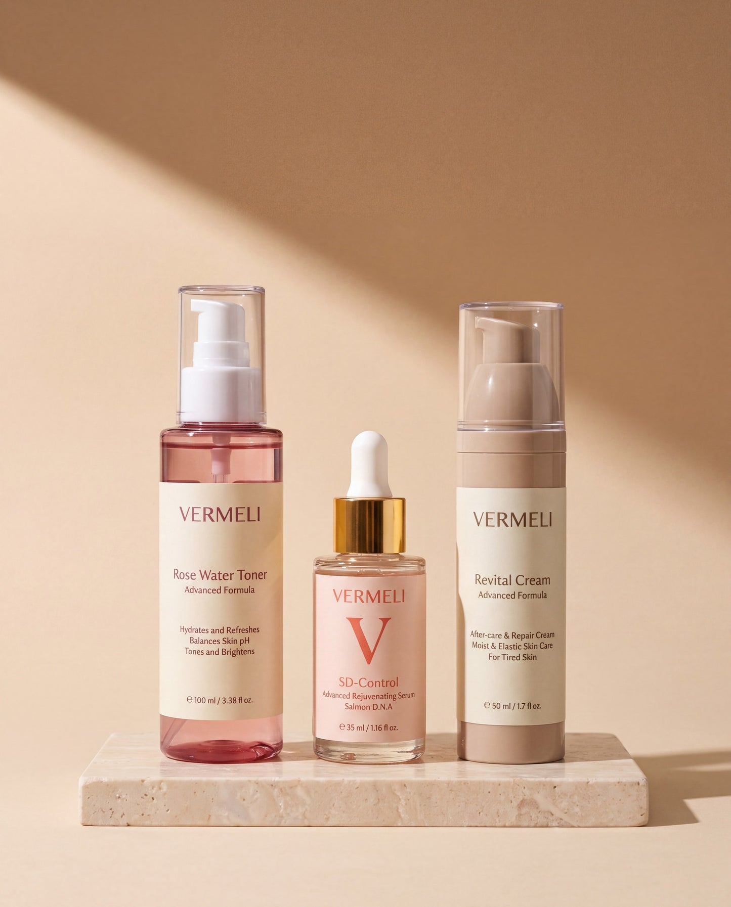 VERMELI Skin Renewal Set: Rose Water Toner, SD-Control serum and Revital Cream