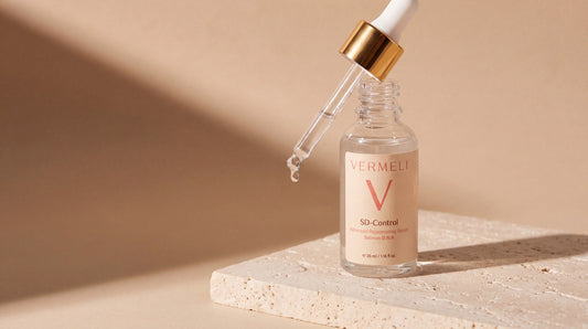 VERMELI SD-Control Rejuvenating Serum with its glass dropper raised and a serum droplet falling, on travertine in warm directional light