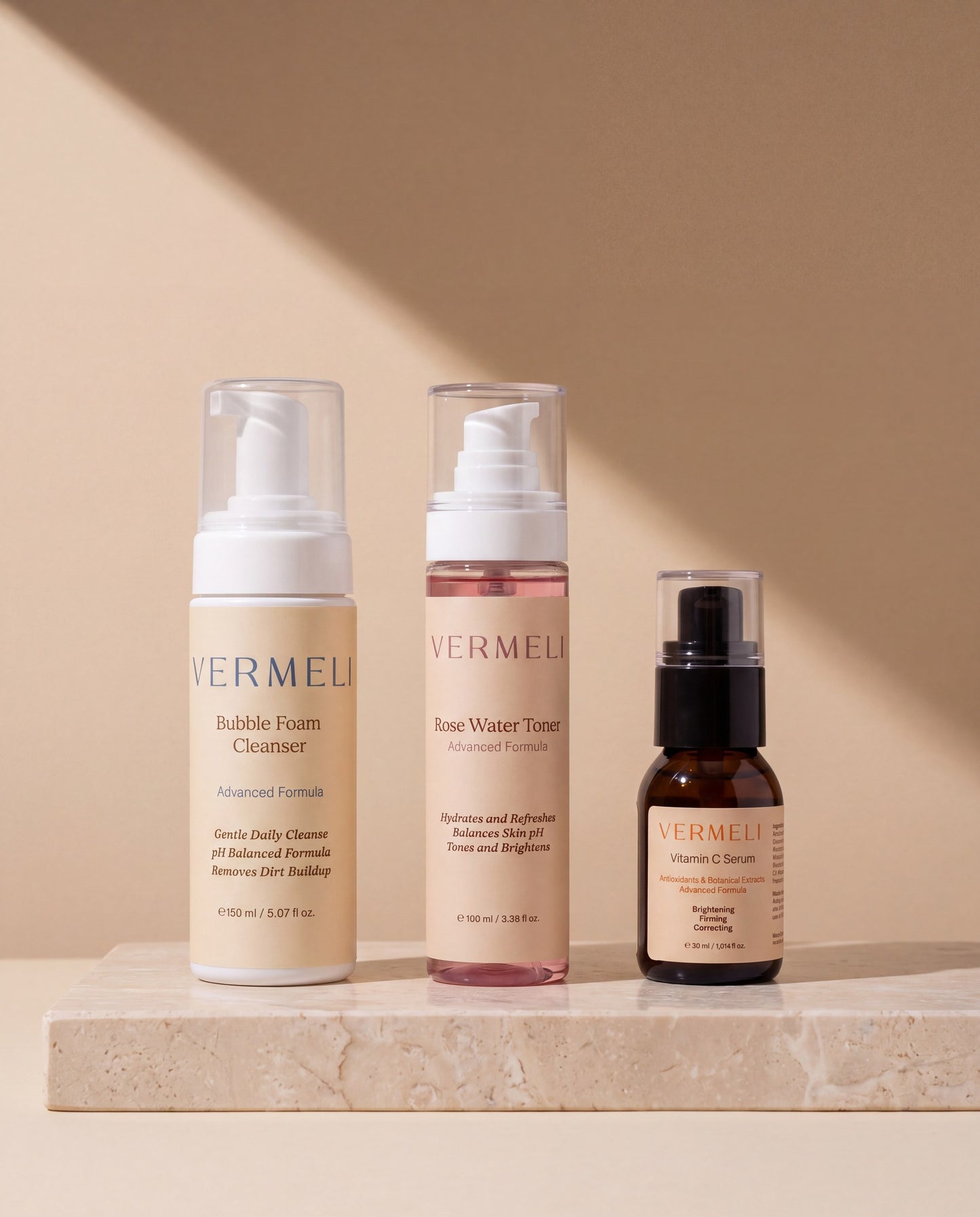 VERMELI The Starter Ritual: Bubble Foam Cleanser, Rose Water Toner and Vitamin C Serum