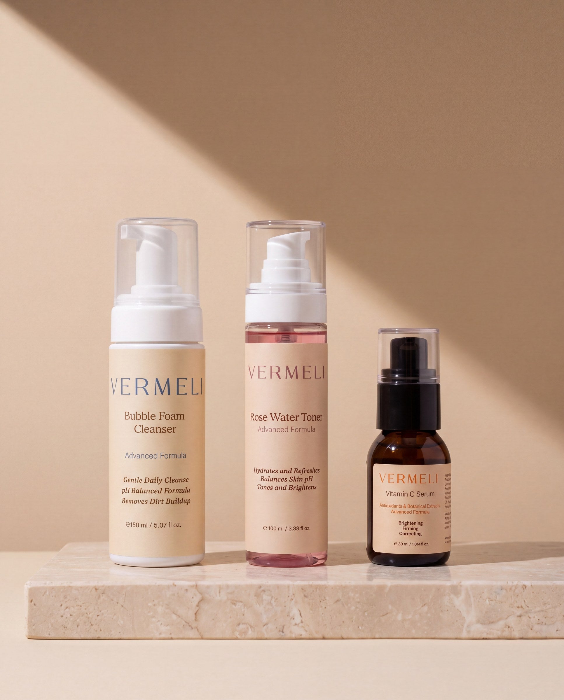VERMELI The Starter Ritual: Bubble Foam Cleanser, Rose Water Toner and Vitamin C Serum