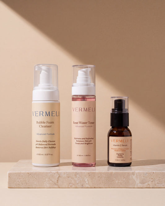 VERMELI The Starter Ritual: Bubble Foam Cleanser, Rose Water Toner and Vitamin C Serum