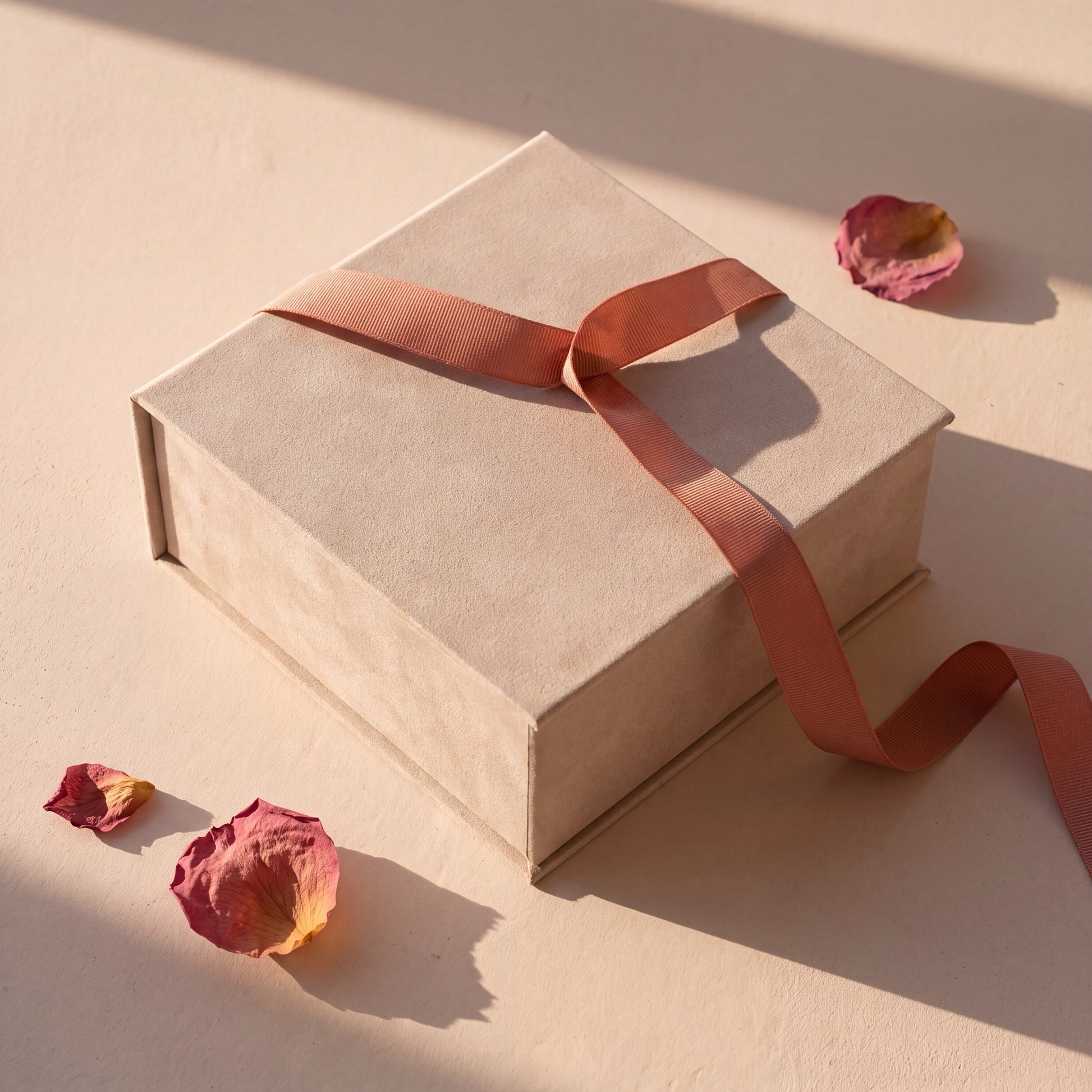 VERMELI gift box in tonal beige board with a magnetic lid and terracotta grosgrain ribbon