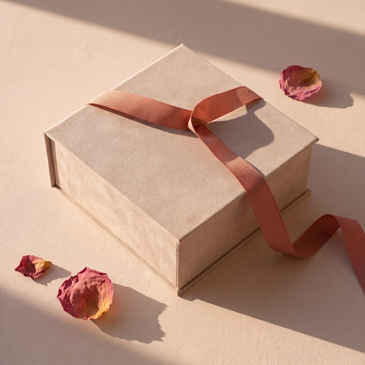 VERMELI gift box in tonal beige board with a magnetic lid and terracotta grosgrain ribbon