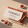 VERMELI gift card, letterpressed on cotton card stock with a sand envelope and terracotta ribbon
