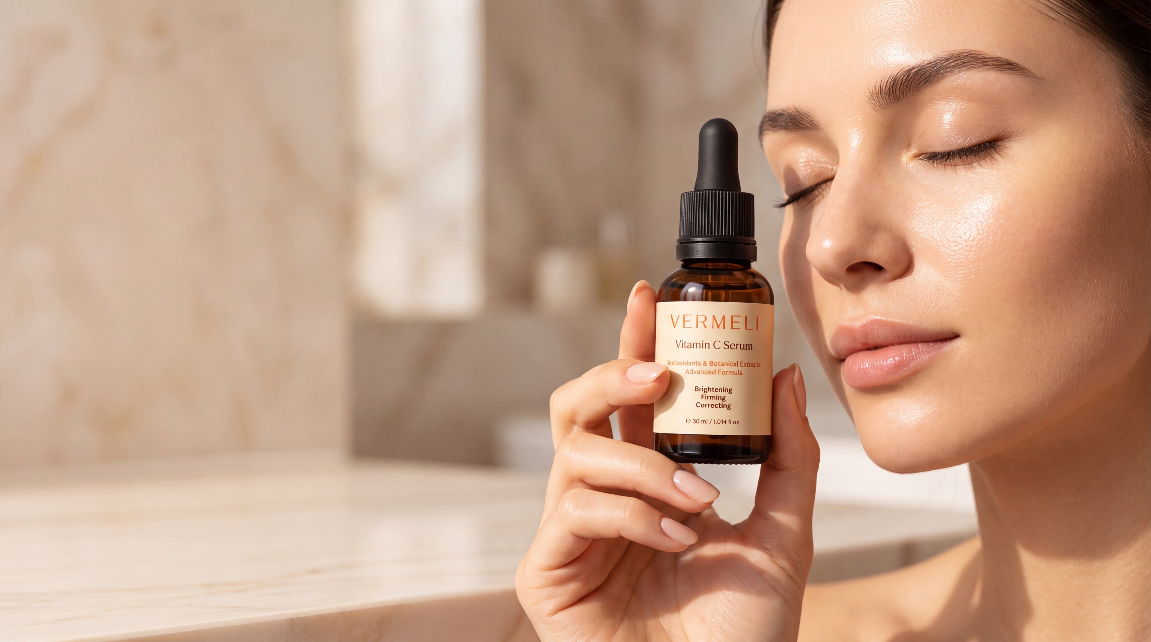 VERMELI Vitamin C Serum — model with luminous skin