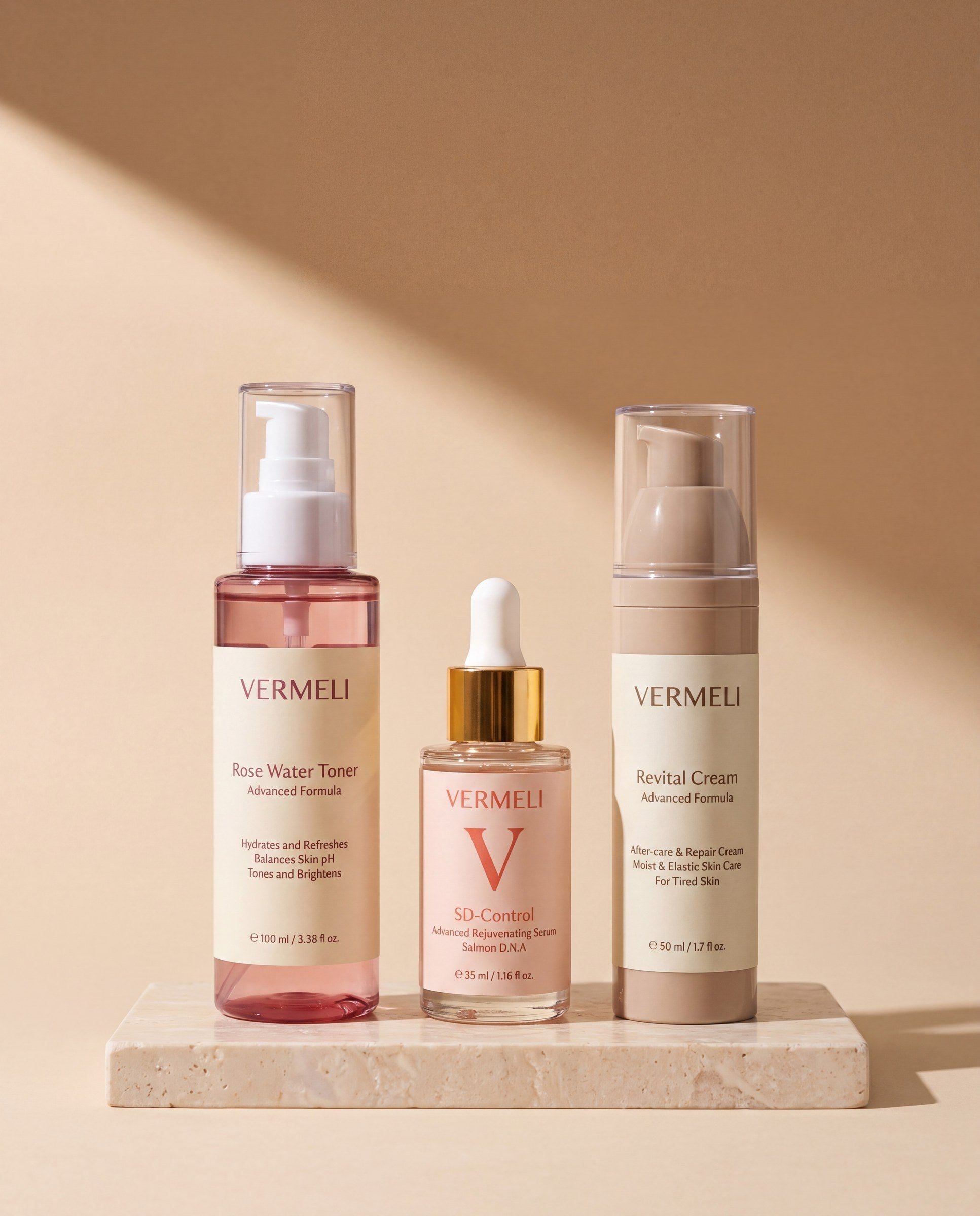 VERMELI Skin Renewal Set: Rose Water Toner, SD-Control serum and Revital Cream