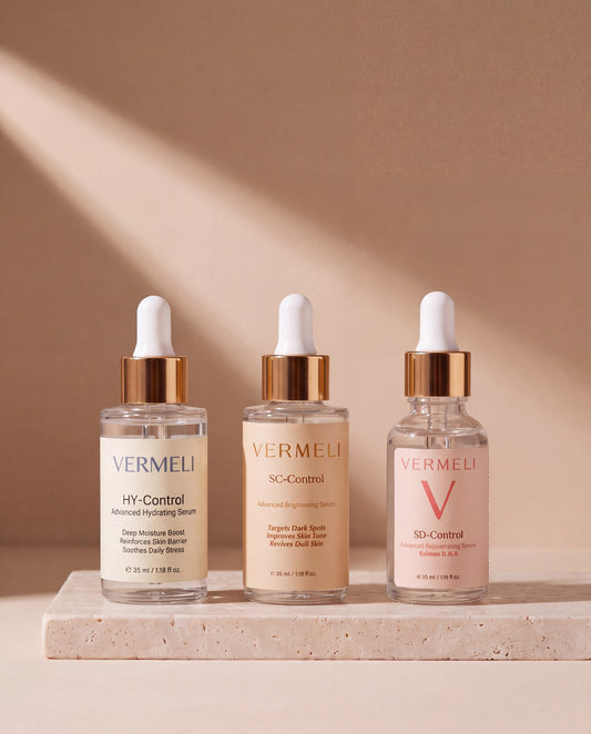 VERMELI The Control Trio: HY-Control, SC-Control and SD-Control serums on a travertine plinth